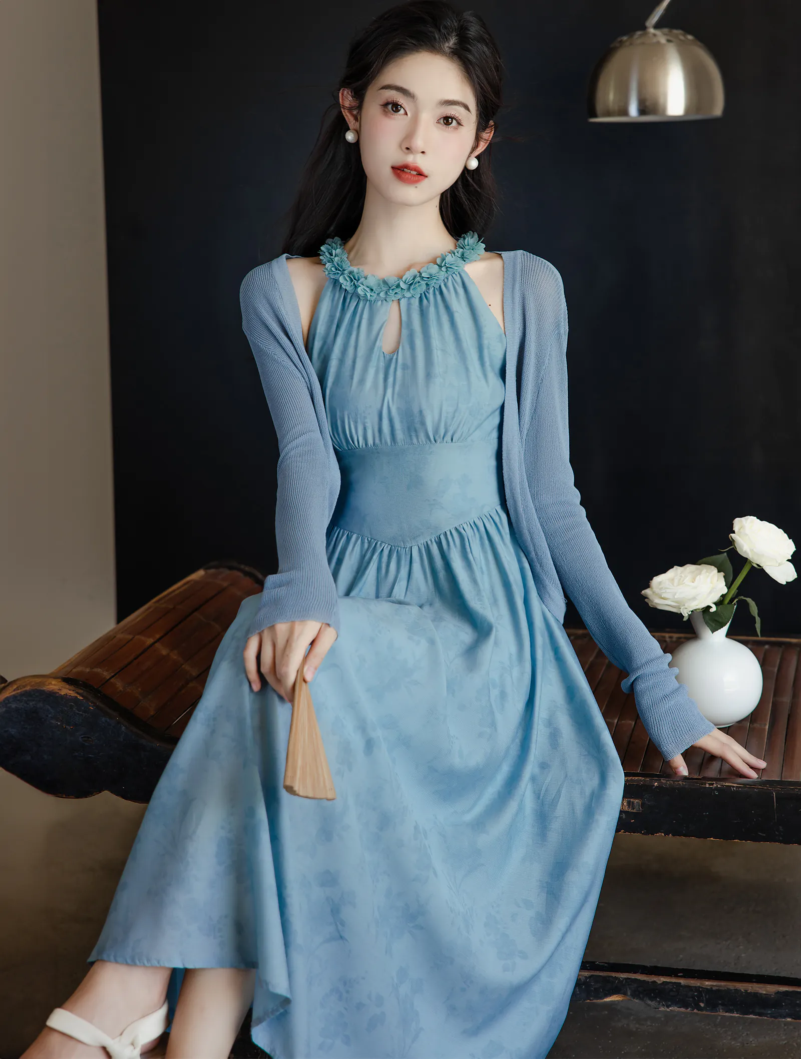 Sweet Soft Blue Flower Printed Chiffon Casual Dress with Cardigan Set02