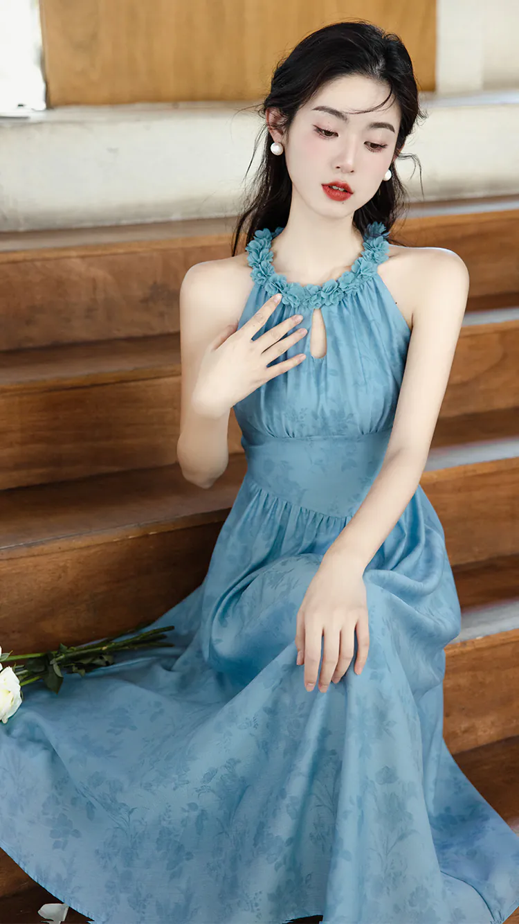 Sweet-Soft-Blue-Flower-Printed-Chiffon-Casual-Dress-with-Cardigan-Set07
