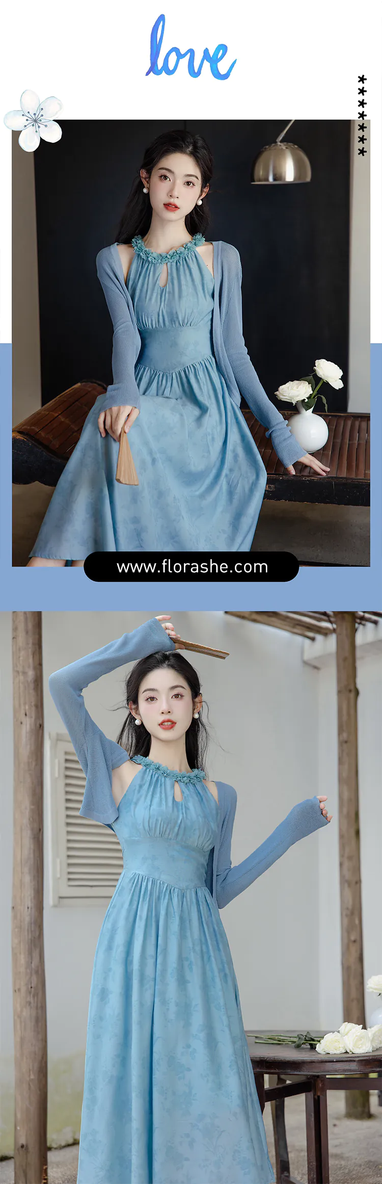 Sweet-Soft-Blue-Flower-Printed-Chiffon-Casual-Dress-with-Cardigan-Set09