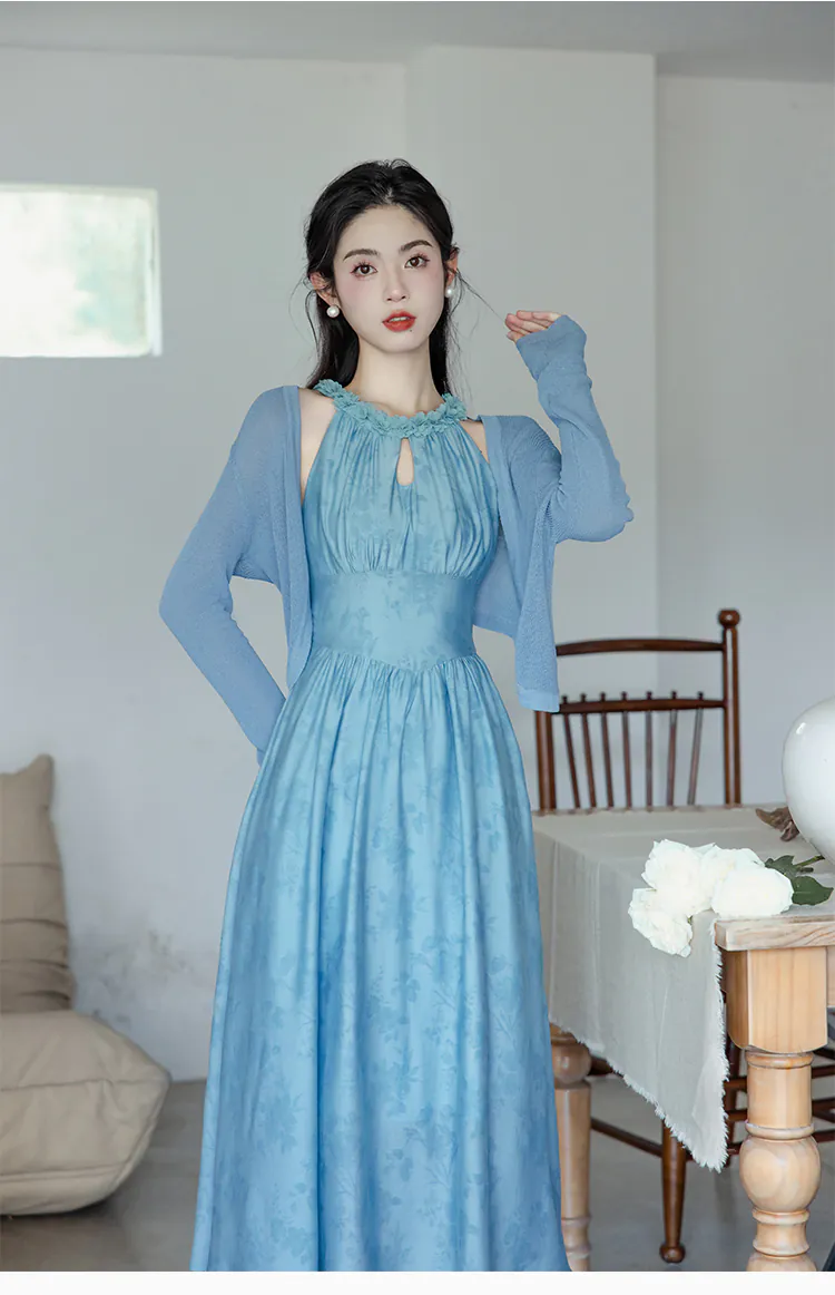 Sweet-Soft-Blue-Flower-Printed-Chiffon-Casual-Dress-with-Cardigan-Set12