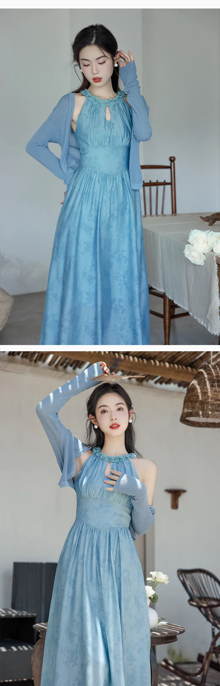 Sweet-Soft-Blue-Flower-Printed-Chiffon-Casual-Dress-with-Cardigan-Set14