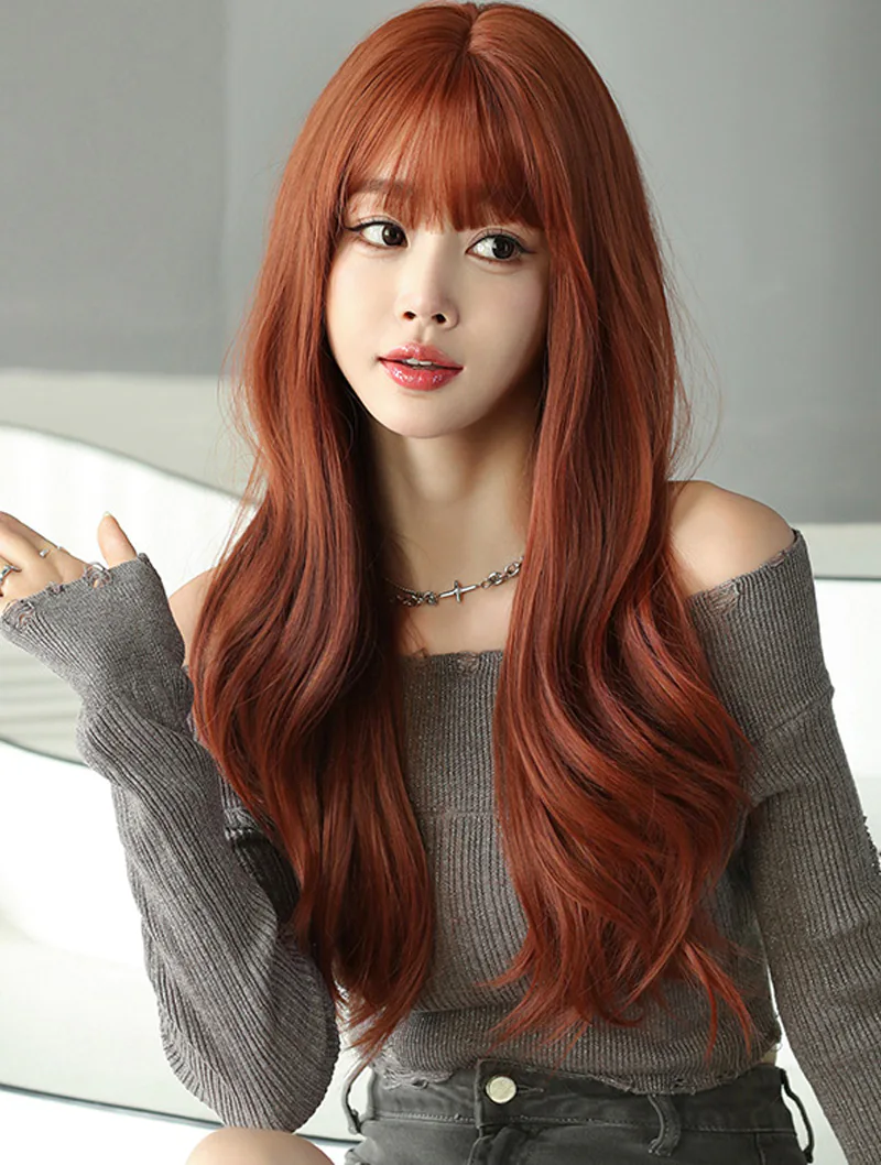 Sweet Synthetic Orange Long Wavy Wig with Bangs for Women Girls02