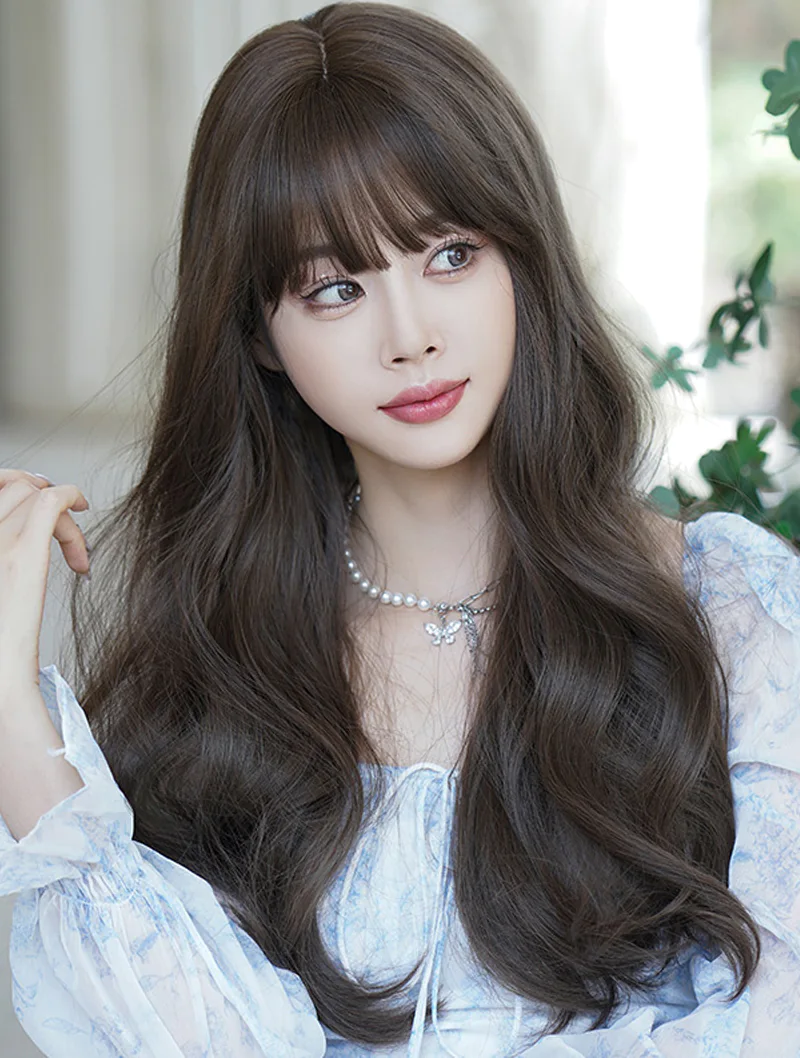 Synthetic Daily Use Cold Brown Hair Long Wavy Wig with Bangs01