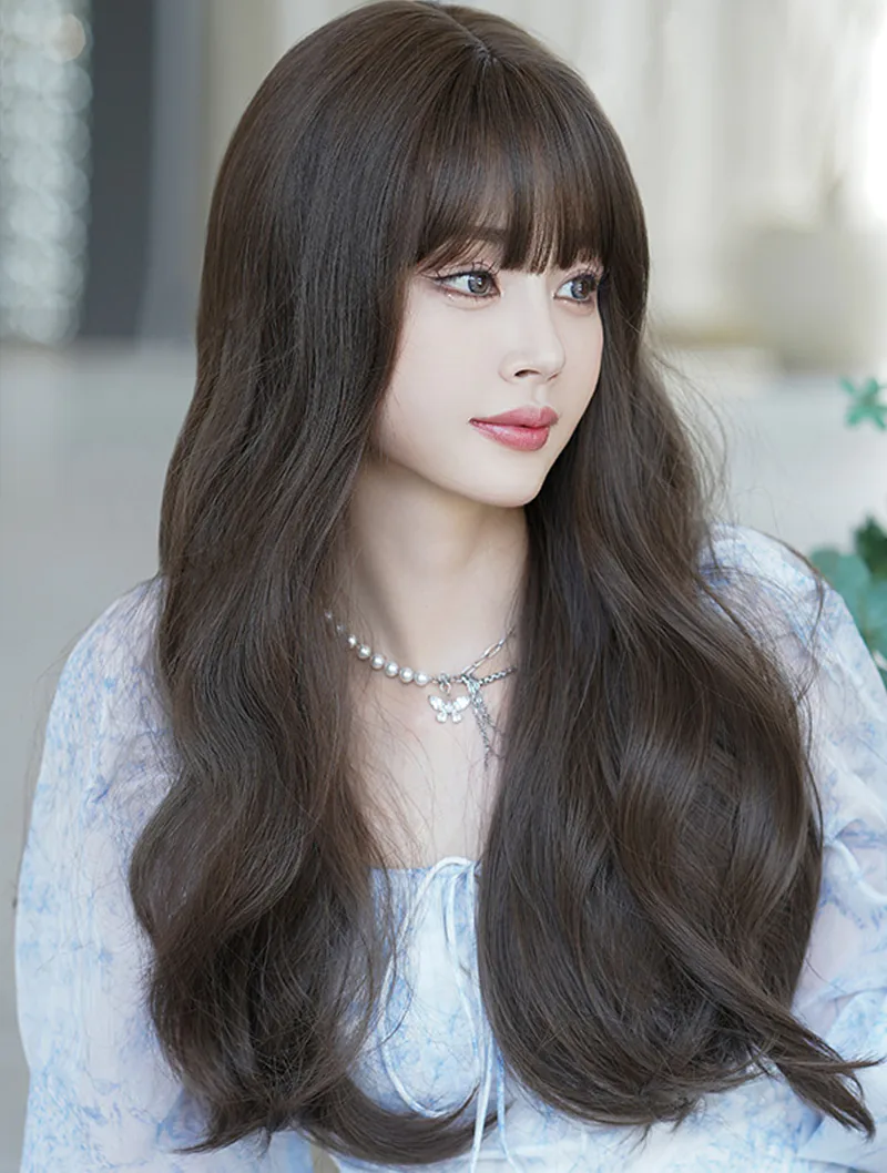Synthetic Daily Use Cold Brown Hair Long Wavy Wig with Bangs02