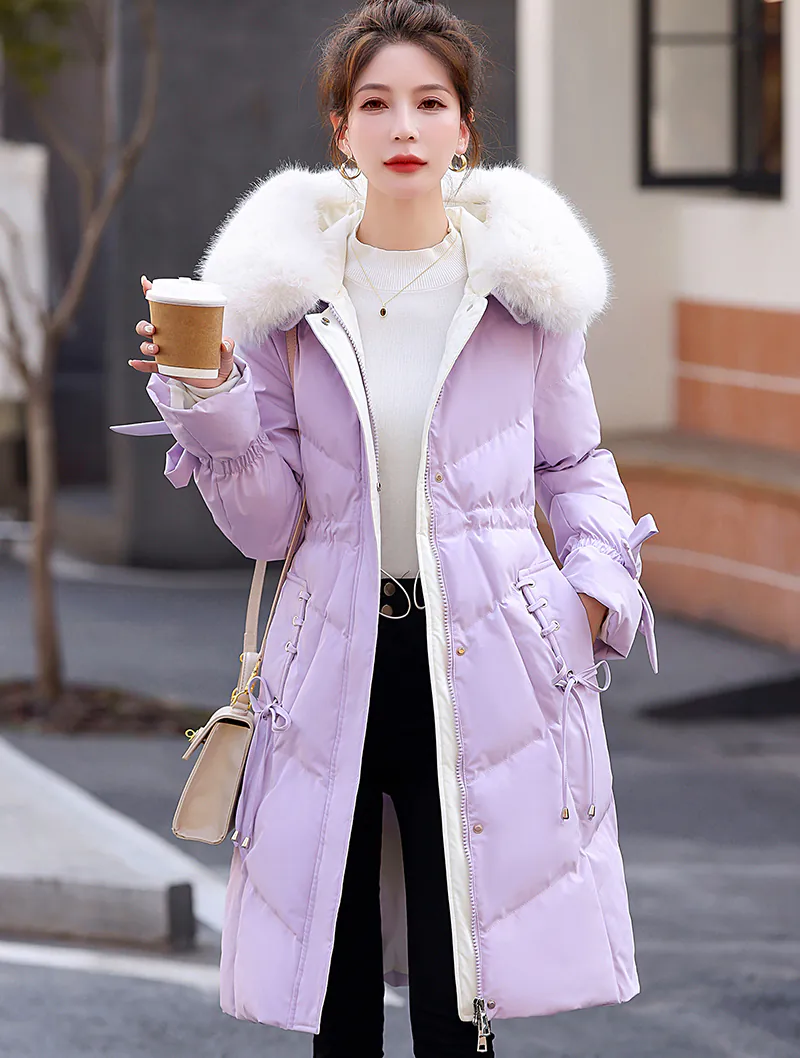 Trendy Solid Color Thick Fur Collar Midi Puffer Jacket01