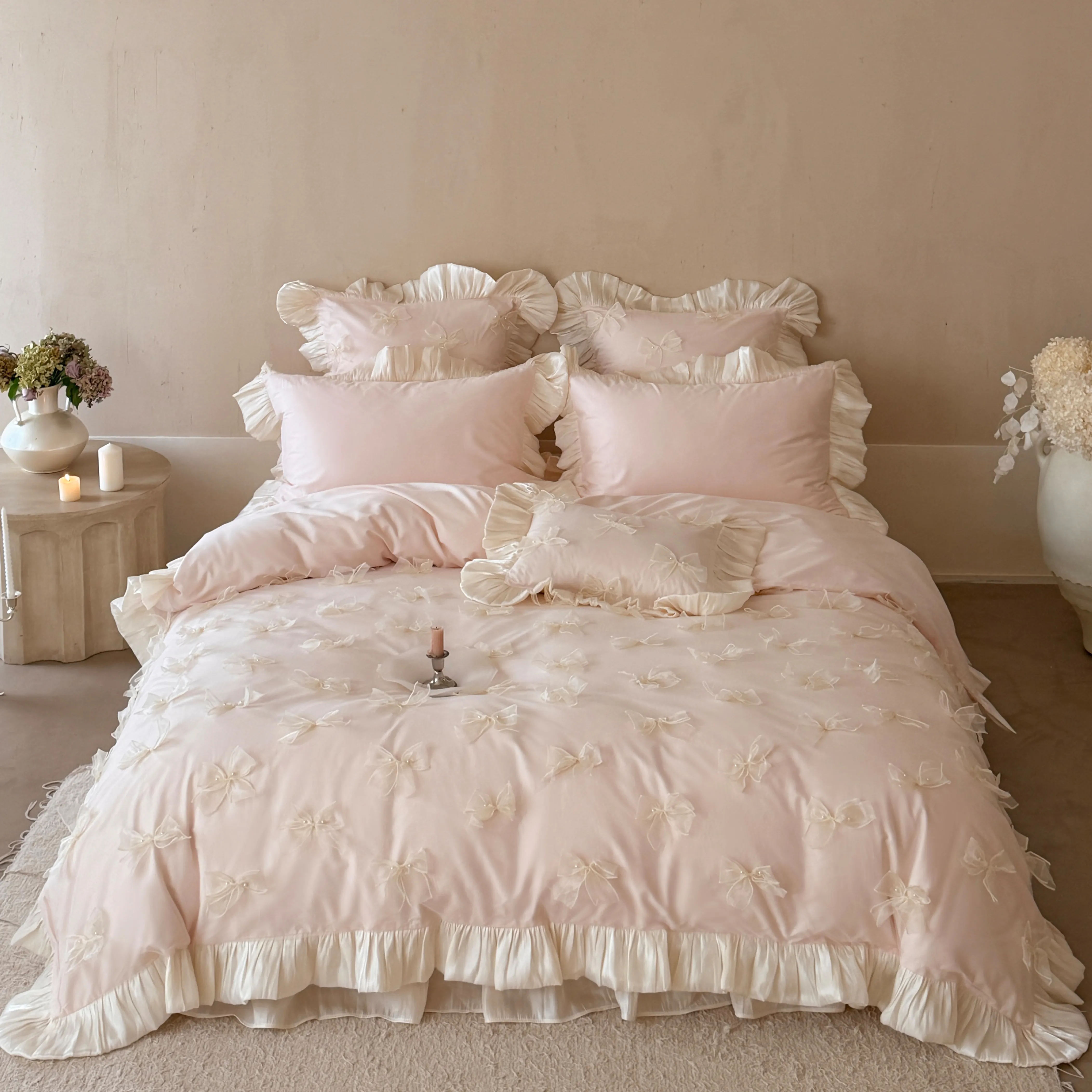 Vintage Hand-Sewn Long Staple Cotton 3D Tulle Bow Tie 4 Pcs Bedding Set01 Vintage Hand Sewn Long Staple Cotton 3D Tulle Bow Tie 4 Pcs Bedding Set01