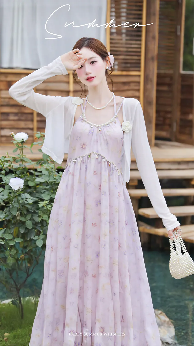 Vintage-Pastel-Purple-Floral-Spaghetti-Strap-Dress-with-Cardigan-Casual-Outfit07