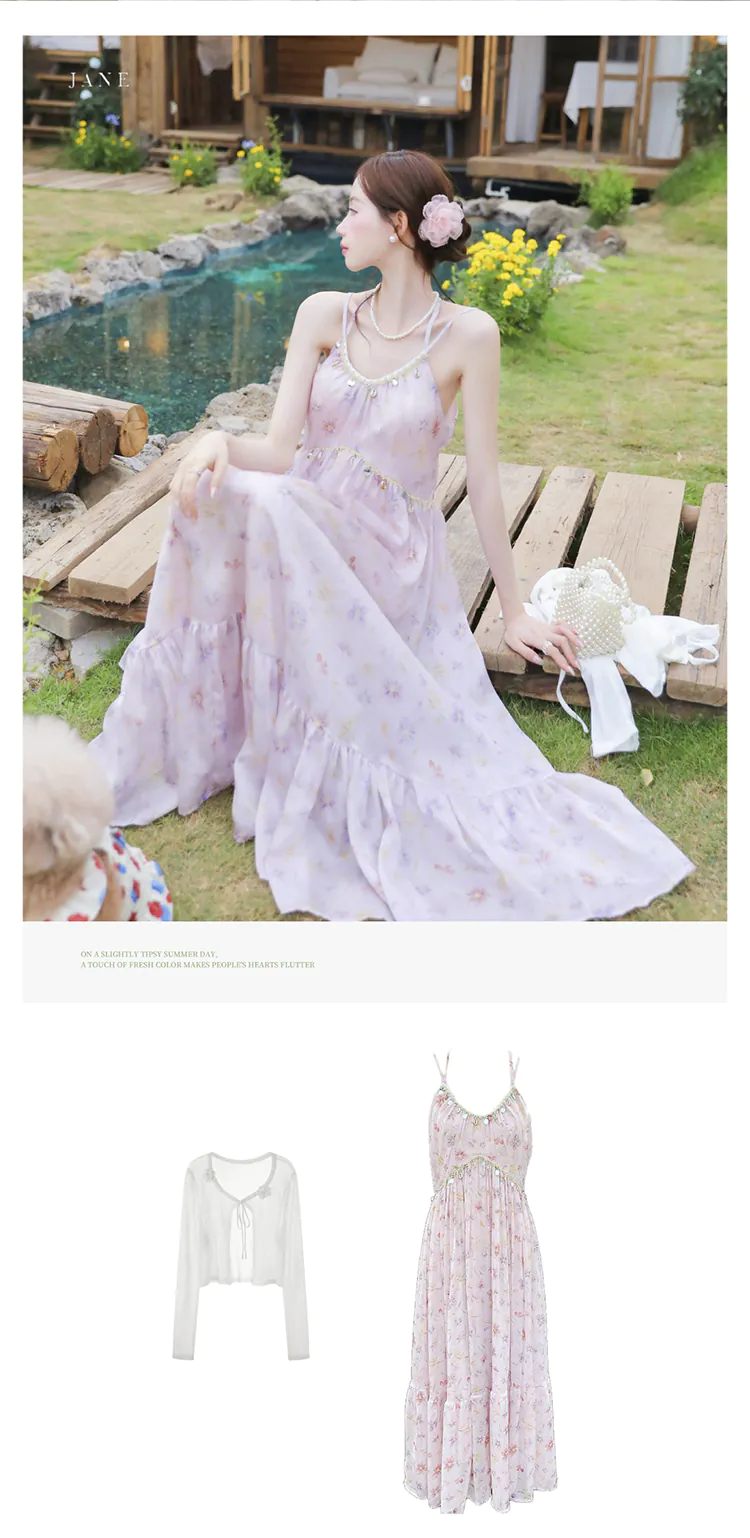 Vintage-Pastel-Purple-Floral-Spaghetti-Strap-Dress-with-Cardigan-Casual-Outfit08