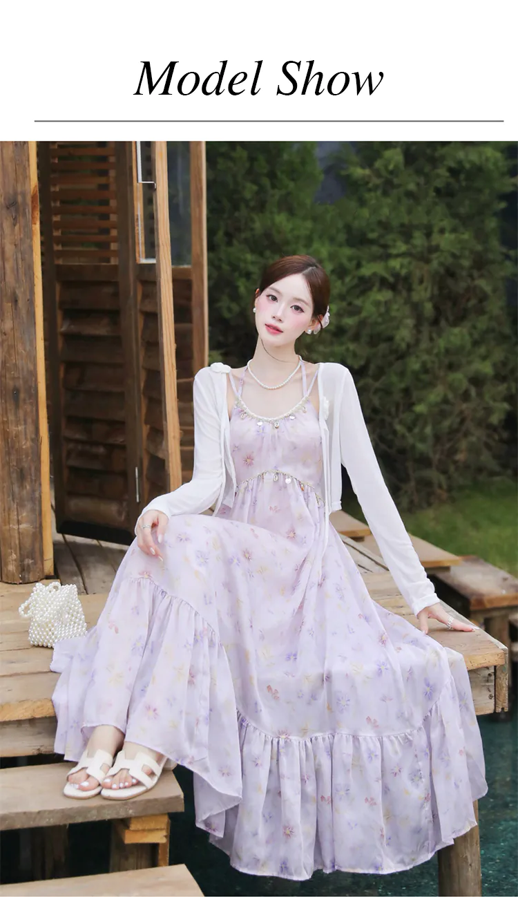 Vintage Pastel Purple Floral Spaghetti Strap Dress with Cardigan Casual Outfit (Size: M)