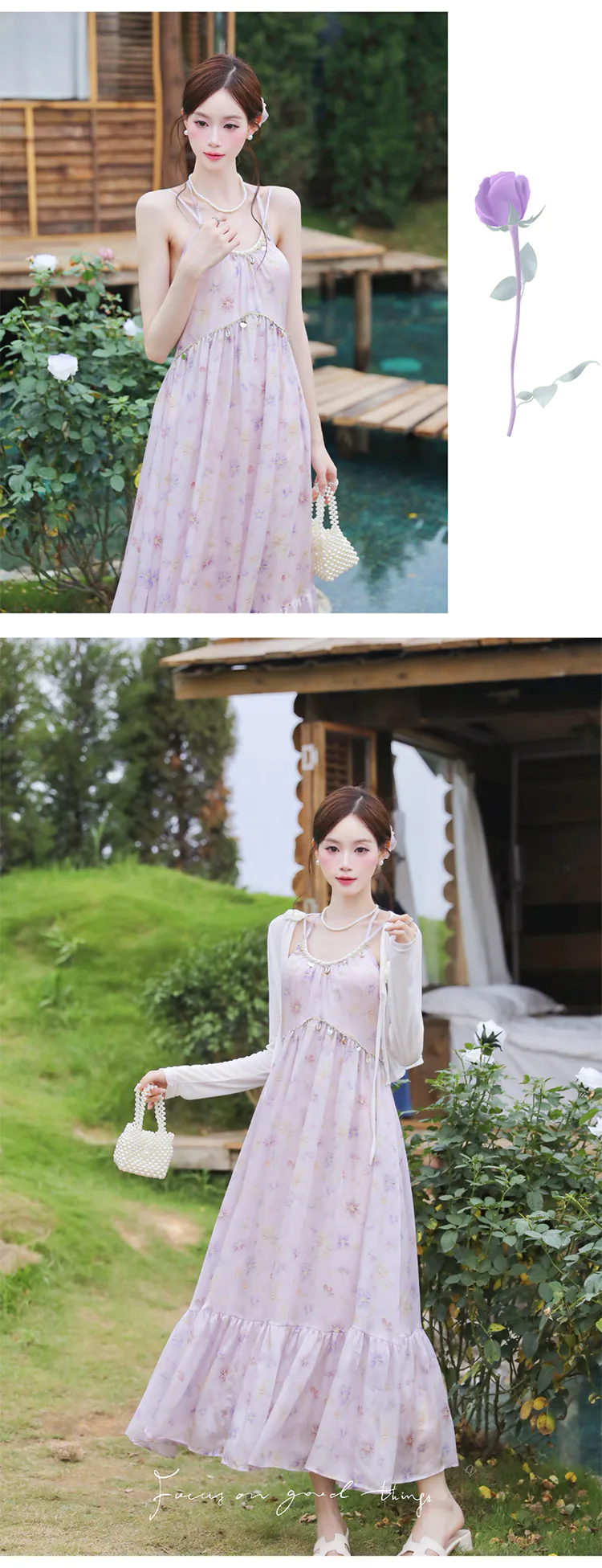 Vintage-Pastel-Purple-Floral-Spaghetti-Strap-Dress-with-Cardigan-Casual-Outfit12