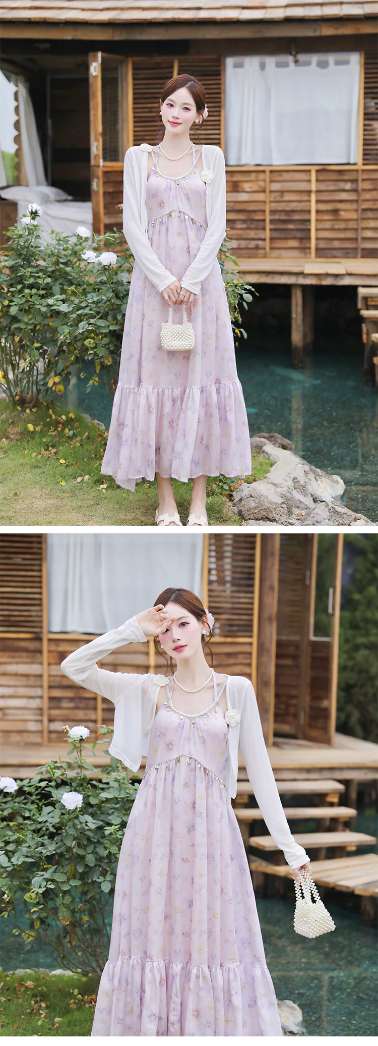 Vintage-Pastel-Purple-Floral-Spaghetti-Strap-Dress-with-Cardigan-Casual-Outfit13
