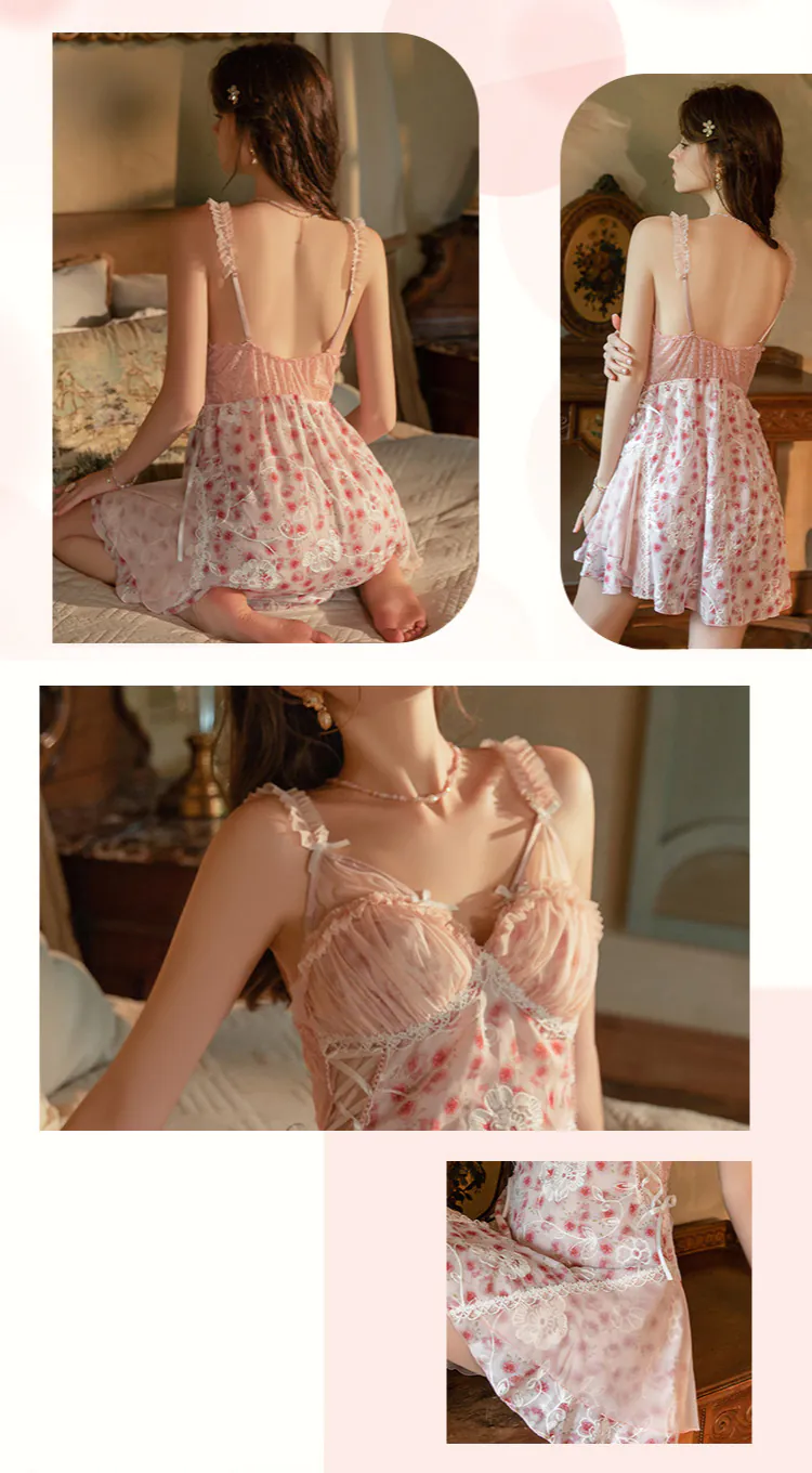 Vintage-Sheer-Tulle-Lace-Trim-Pink-Floral-Print-Slip-Nightgown-with-Built-in-Bra08