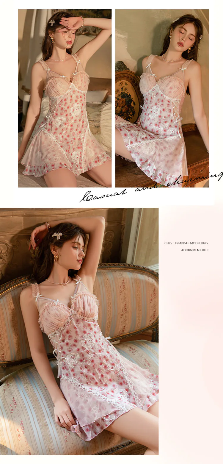 Vintage-Sheer-Tulle-Lace-Trim-Pink-Floral-Print-Slip-Nightgown-with-Built-in-Bra10