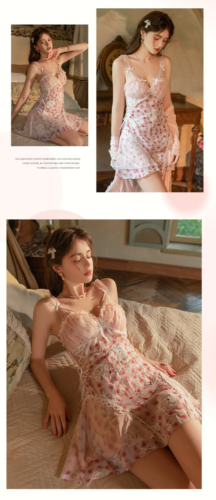 Vintage-Sheer-Tulle-Lace-Trim-Pink-Floral-Print-Slip-Nightgown-with-Built-in-Bra11