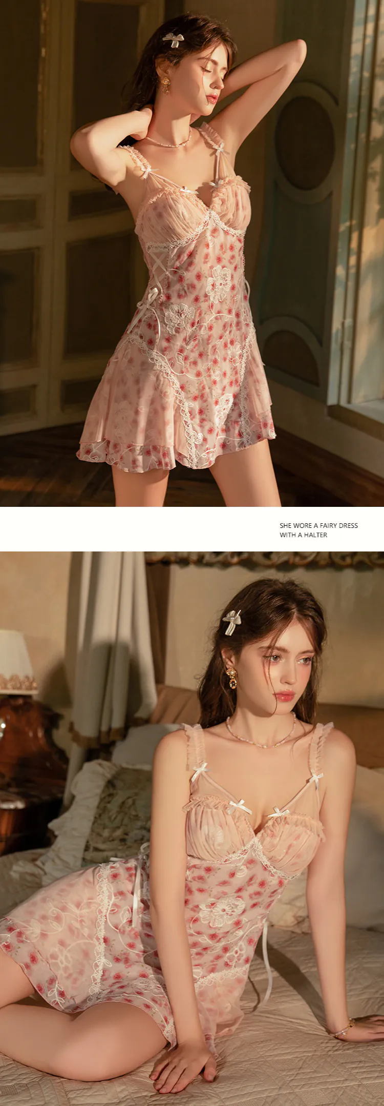 Vintage-Sheer-Tulle-Lace-Trim-Pink-Floral-Print-Slip-Nightgown-with-Built-in-Bra12
