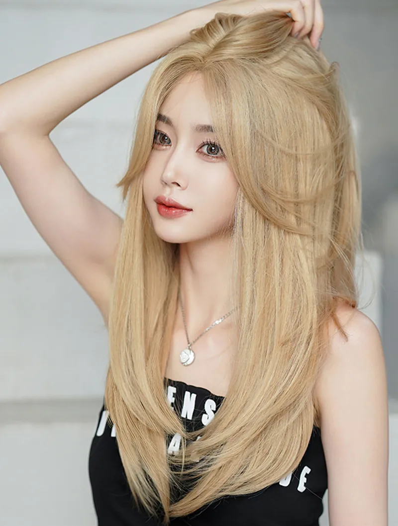 Women Synthetic Middle Part Long Straight Hair Daily Party Wig03