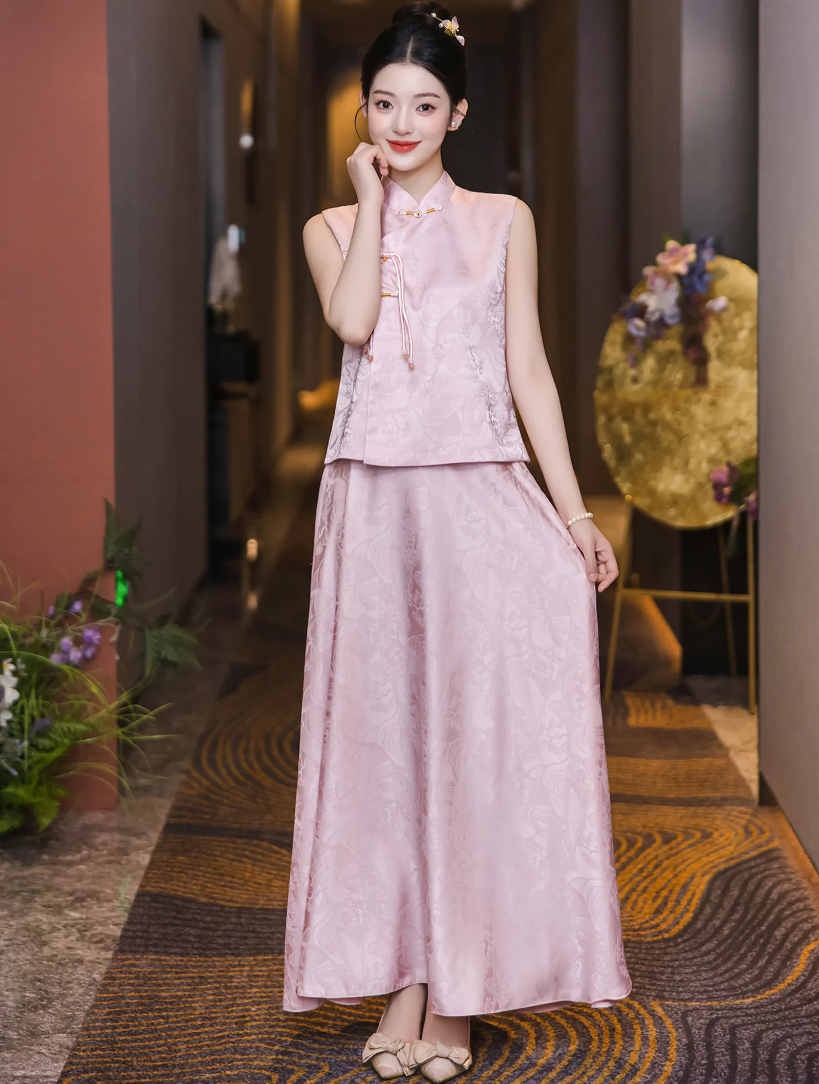 Vintage Pink Jacquard Chinese Style Bridesmaid Dress 2-Piece Outfit