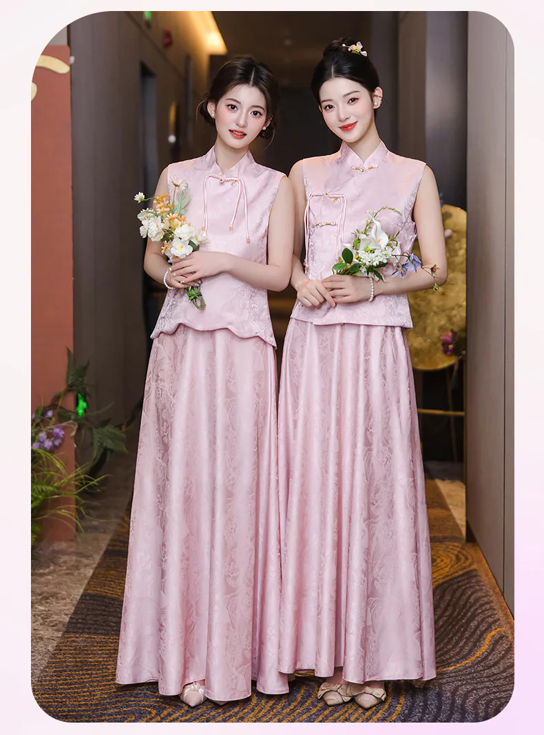 Womens-Vintage-Pink-Jacquard-Chinese-Style-Bridesmaid-Dress-2-Piece-Outfit10