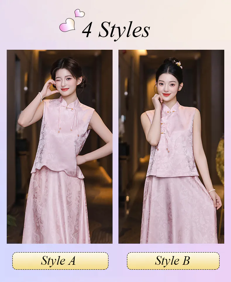 Womens-Vintage-Pink-Jacquard-Chinese-Style-Bridesmaid-Dress-2-Piece-Outfit13