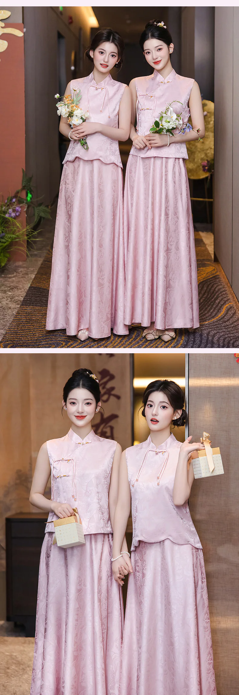 Womens-Vintage-Pink-Jacquard-Chinese-Style-Bridesmaid-Dress-2-Piece-Outfit15