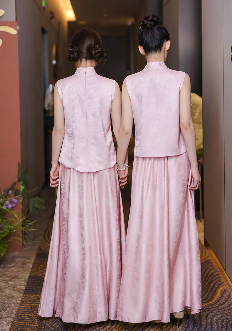 Womens-Vintage-Pink-Jacquard-Chinese-Style-Bridesmaid-Dress-2-Piece-Outfit17