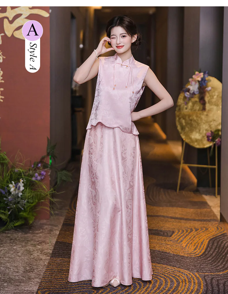 Womens-Vintage-Pink-Jacquard-Chinese-Style-Bridesmaid-Dress-2-Piece-Outfit18