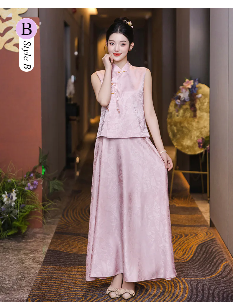 Womens-Vintage-Pink-Jacquard-Chinese-Style-Bridesmaid-Dress-2-Piece-Outfit20