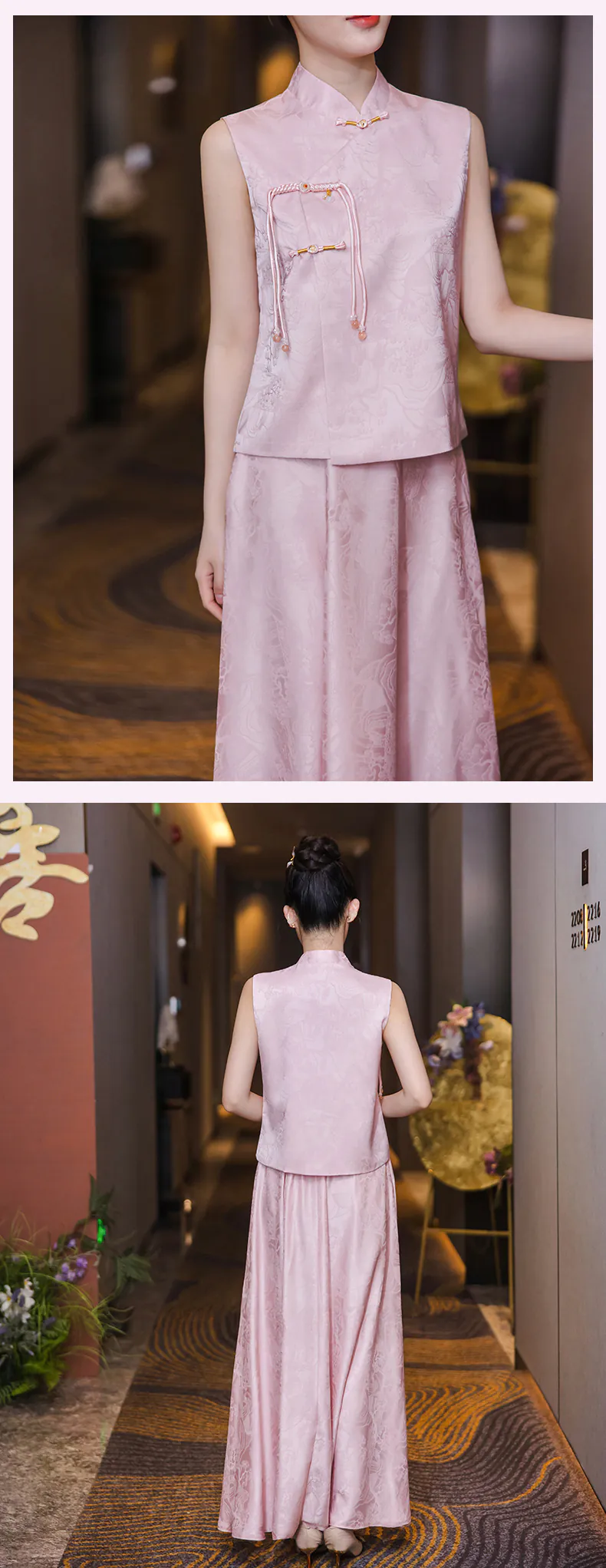 Womens-Vintage-Pink-Jacquard-Chinese-Style-Bridesmaid-Dress-2-Piece-Outfit21