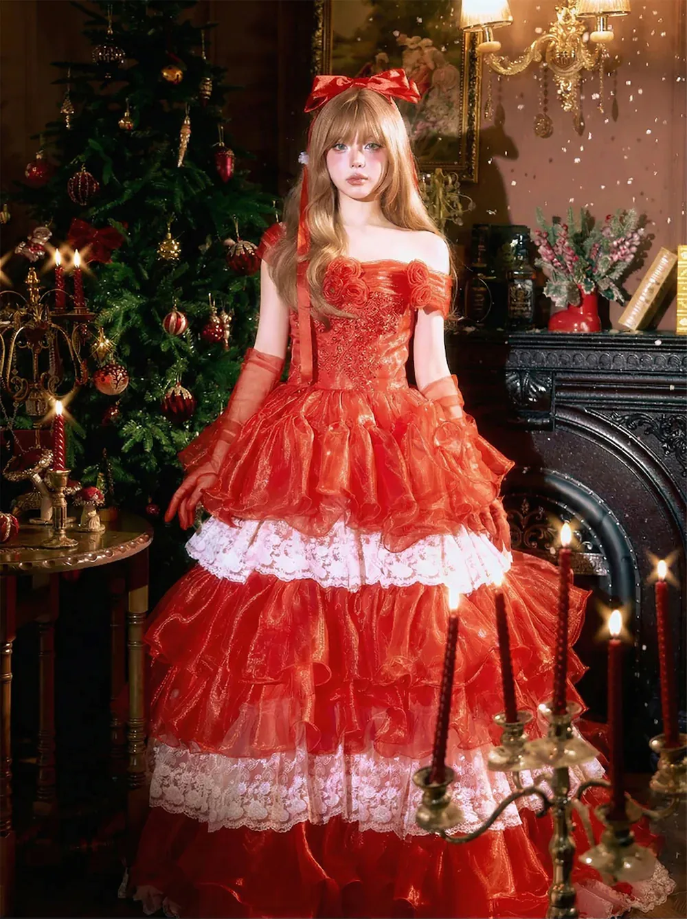 Beautiful-Vintage-Bright-Red-Tiered-Skirt-Lace-Trim-Flowy-Prom-Party-Long-Dress07