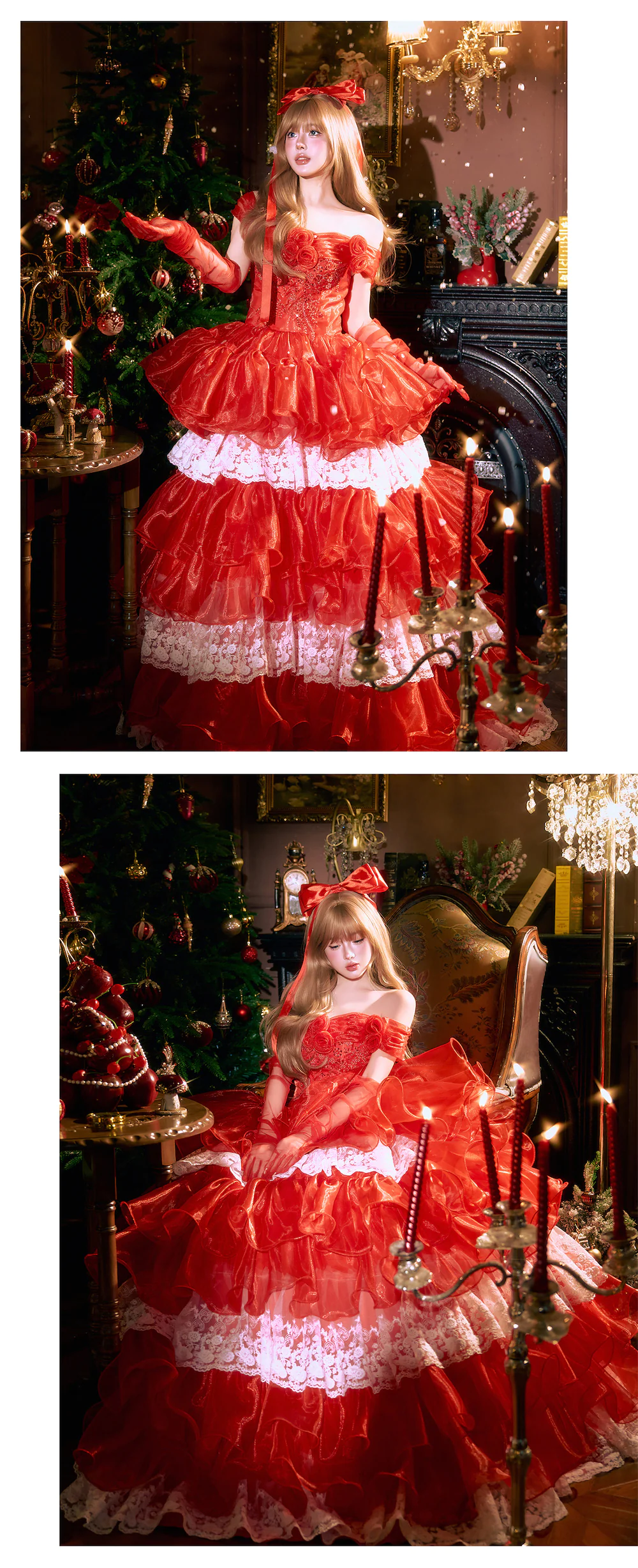 Beautiful-Vintage-Bright-Red-Tiered-Skirt-Lace-Trim-Flowy-Prom-Party-Long-Dress09