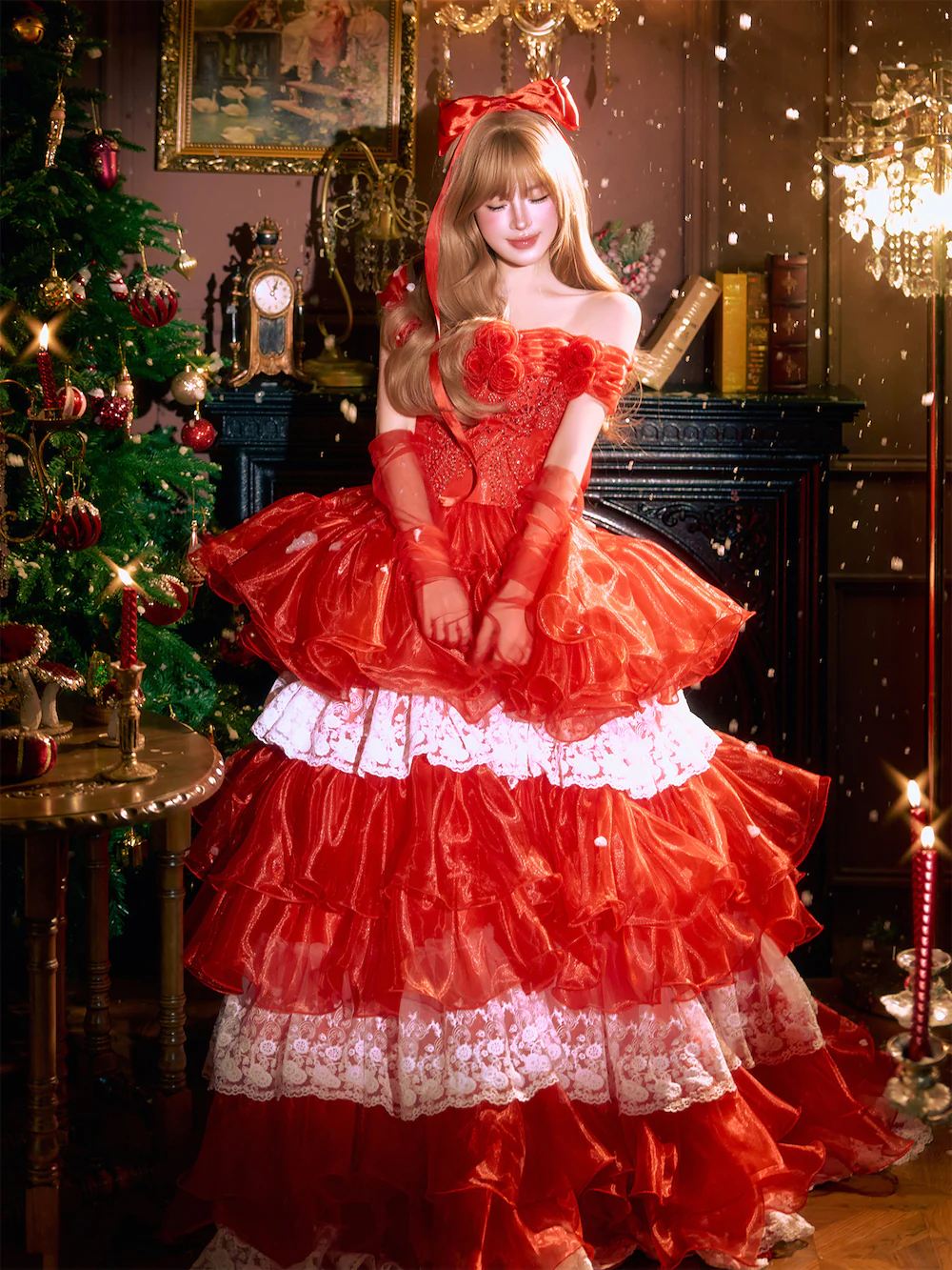 Beautiful-Vintage-Bright-Red-Tiered-Skirt-Lace-Trim-Flowy-Prom-Party-Long-Dress10