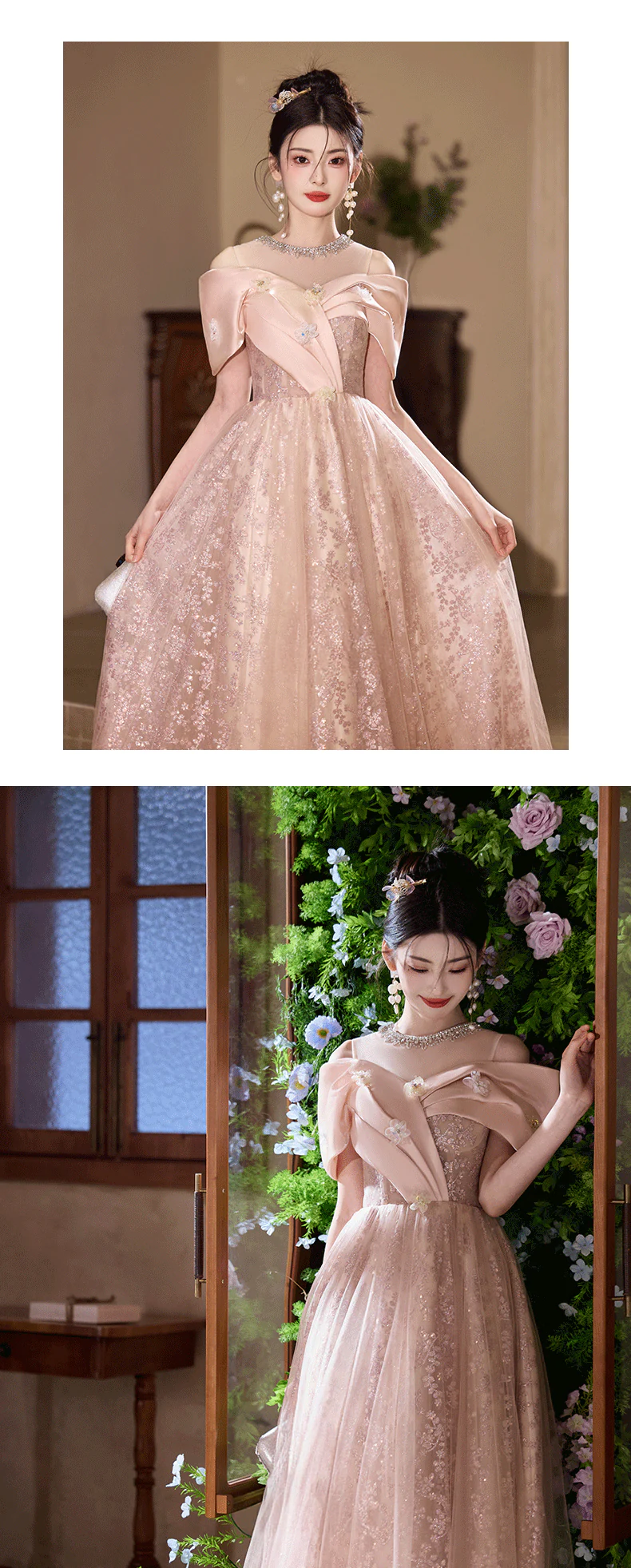 Champagne-Pink-Off-Shoulder-Floral-Tulle-Ball-Gown-Formal-Evening-Dress13