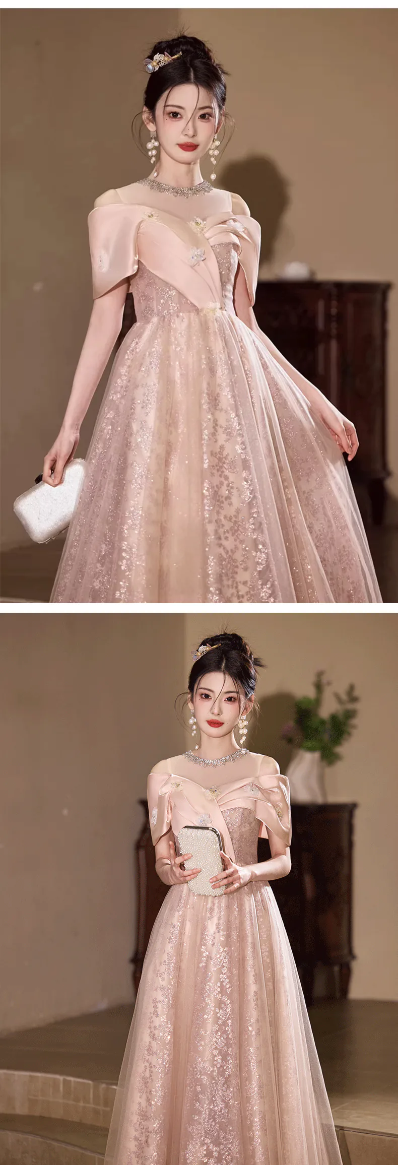 Champagne-Pink-Off-Shoulder-Floral-Tulle-Ball-Gown-Formal-Evening-Dress14