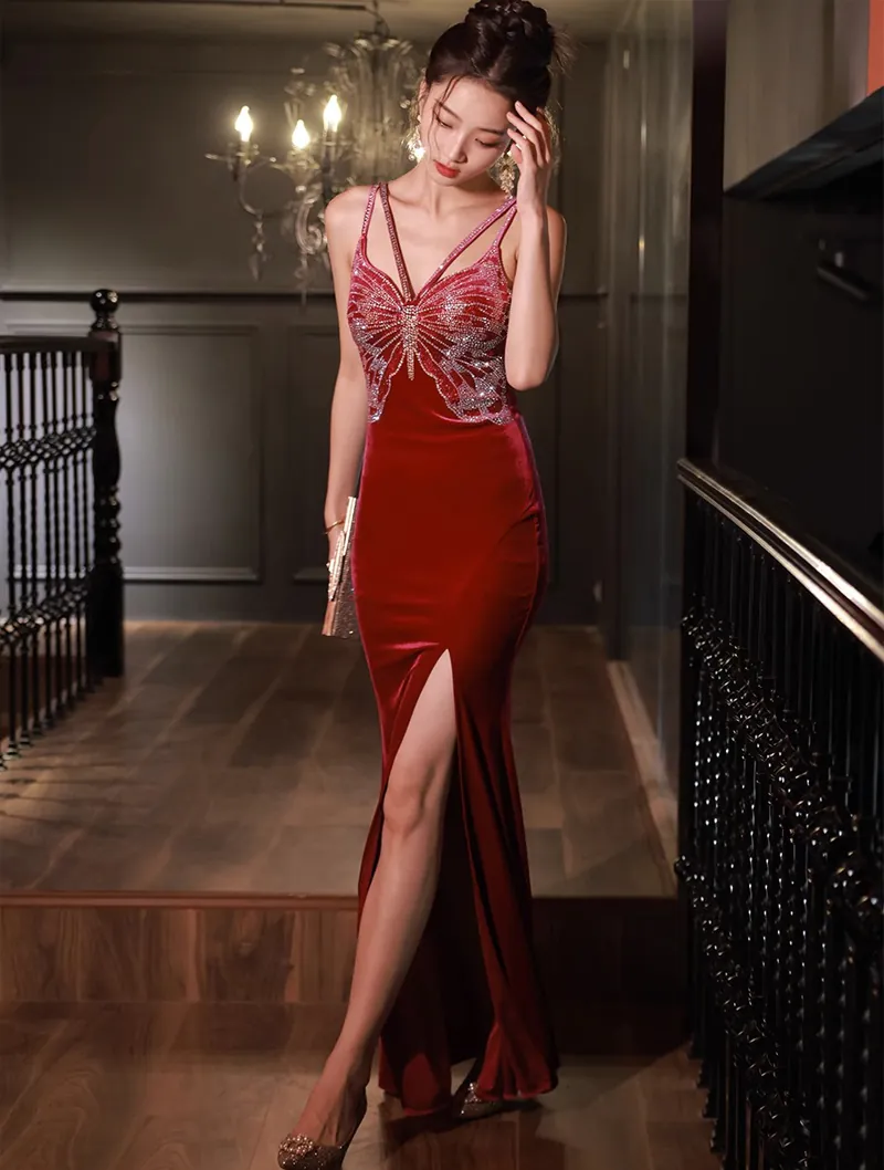 Chic Red Velvet Slip Evening Dress Split Fishtail Cocktail Ball Gown02