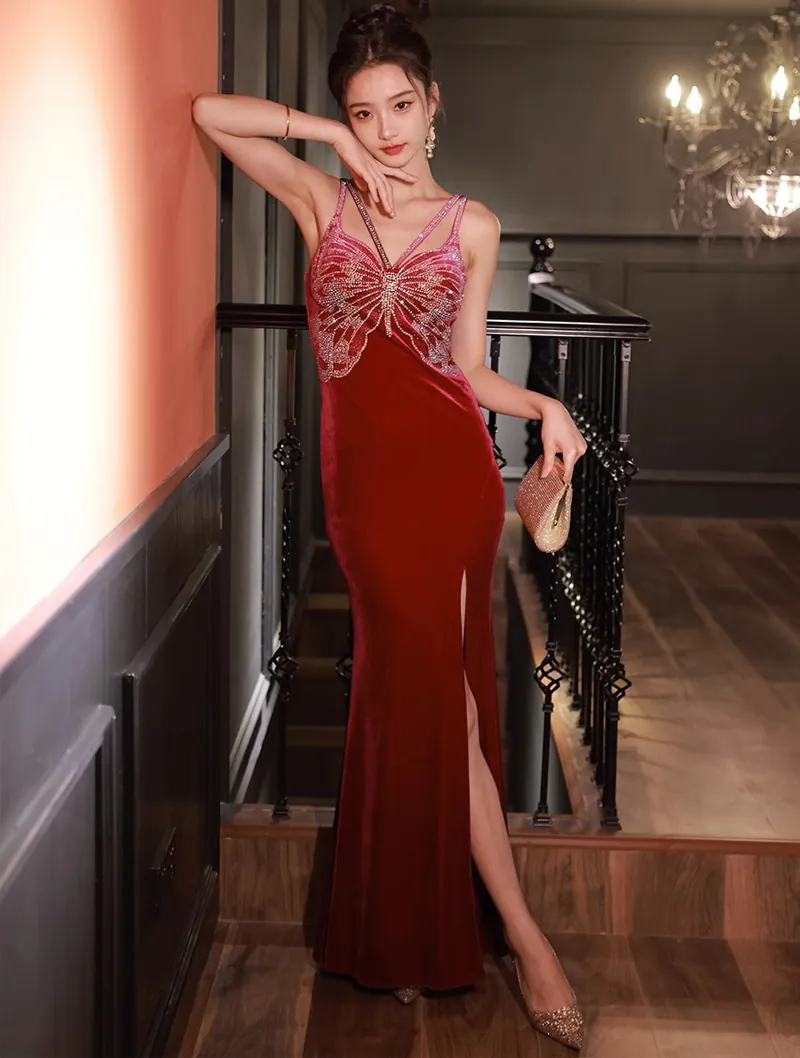 Chic Red Velvet Slip Evening Dress Split Fishtail Cocktail Ball Gown04