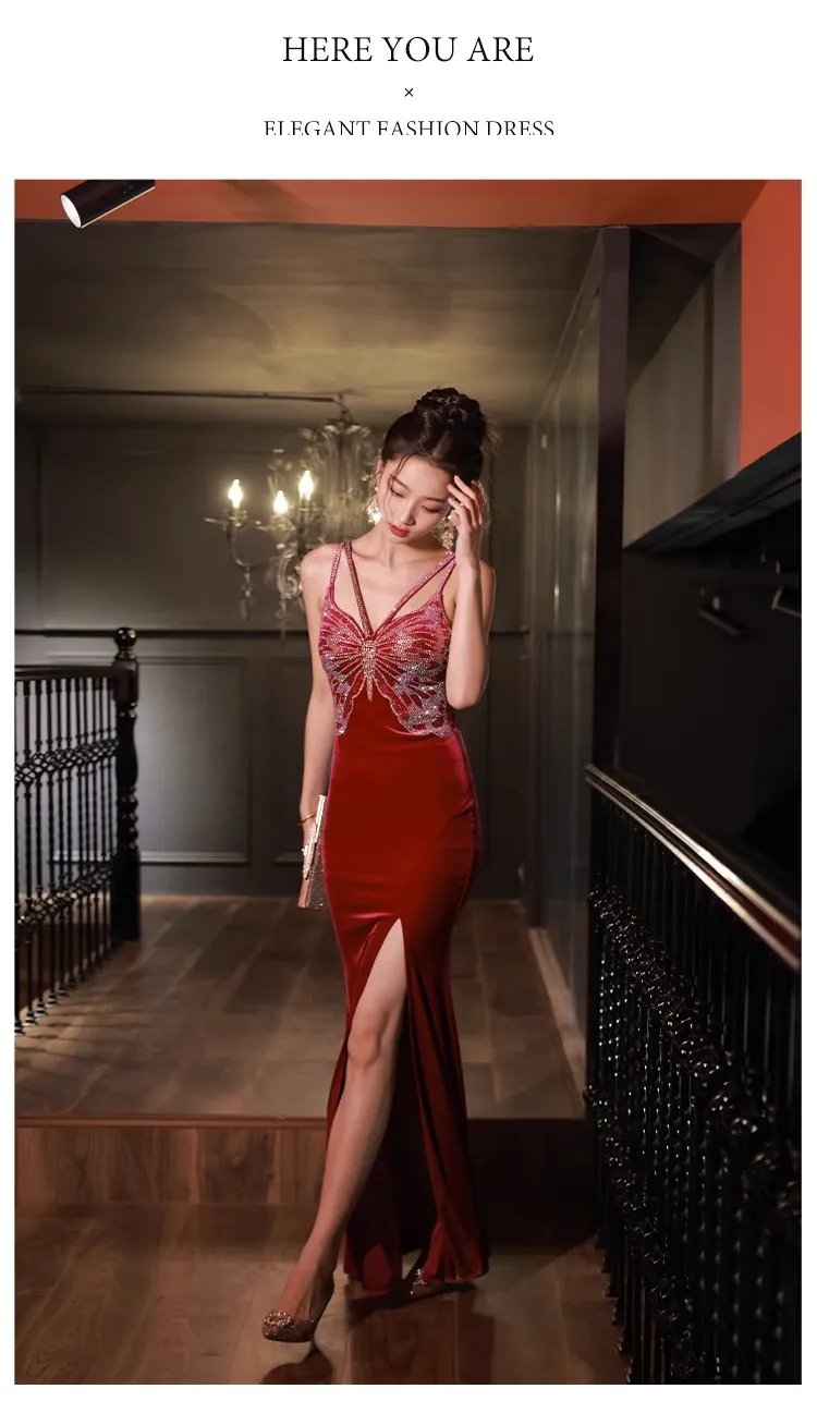 Chic-Red-Velvet-Slip-Evening-Dress-Split-Fishtail-Cocktail-Ball-Gown11