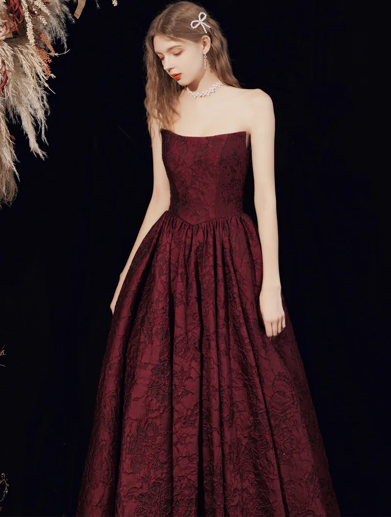 Classy Wine Red Sleeveless Jacquard Tube Style Evening Prom Dress02