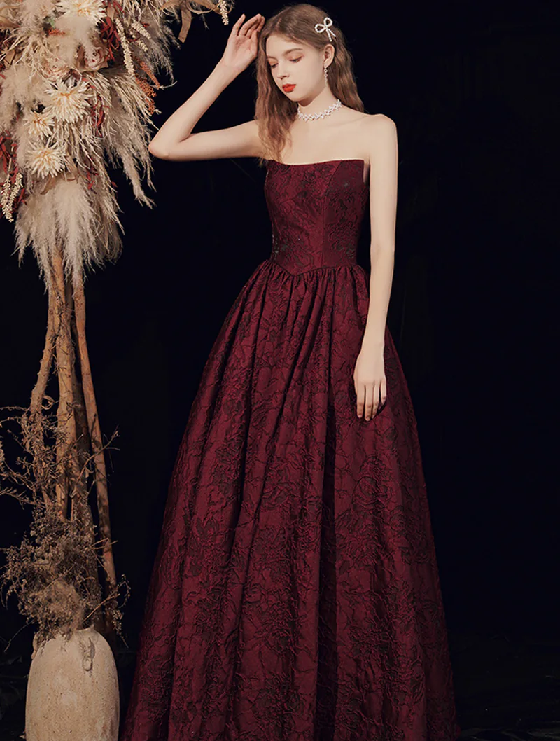 Classy Wine Red Sleeveless Jacquard Tube Style Evening Prom Dress03