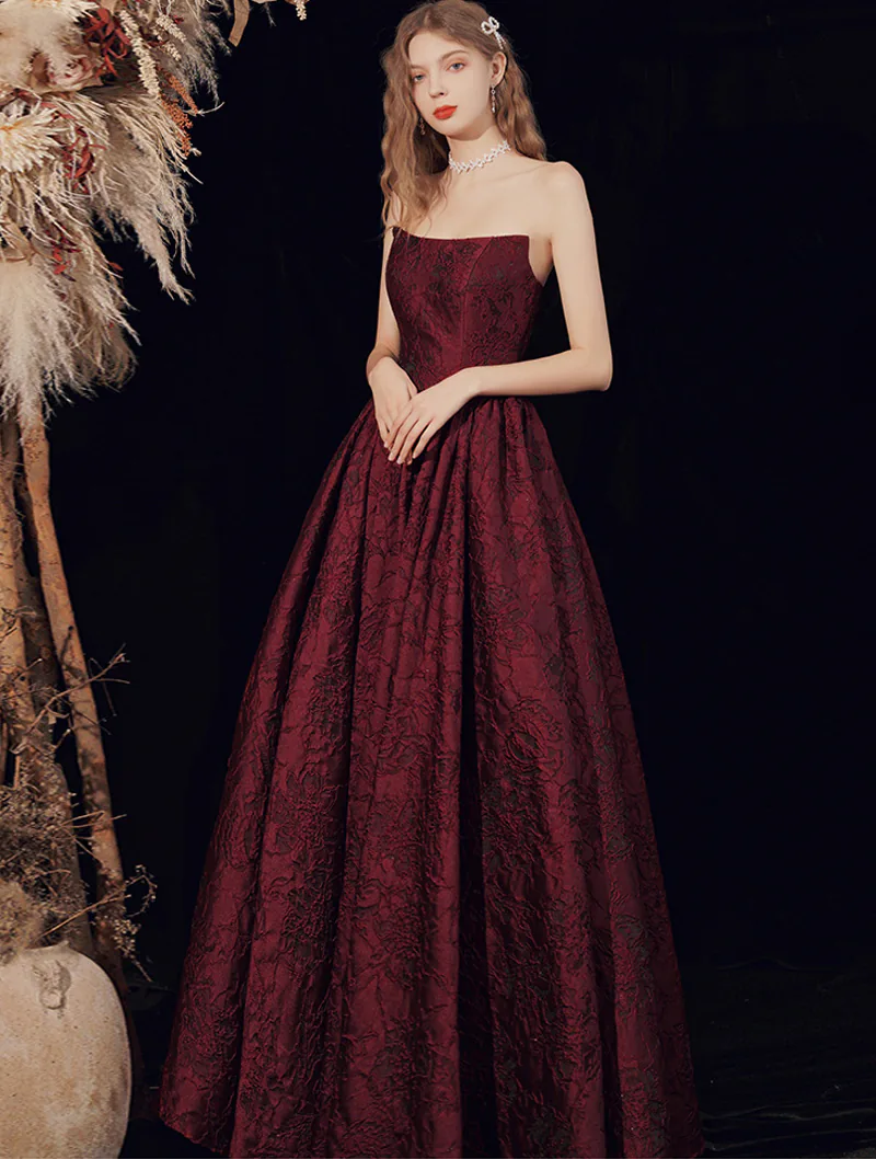 Classy Wine Red Sleeveless Jacquard Tube Style Evening Prom Dress04