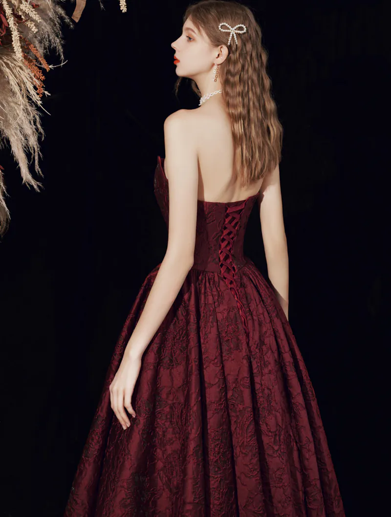 Classy Wine Red Sleeveless Jacquard Tube Style Evening Prom Dress05