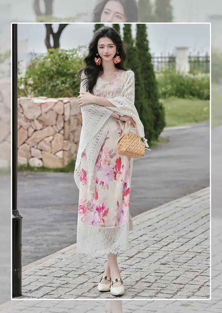 Cottagecore-Oil-Painting-Floral-Print-Slip-Dress-with-Knitted-Crochet-Shawl-Set07