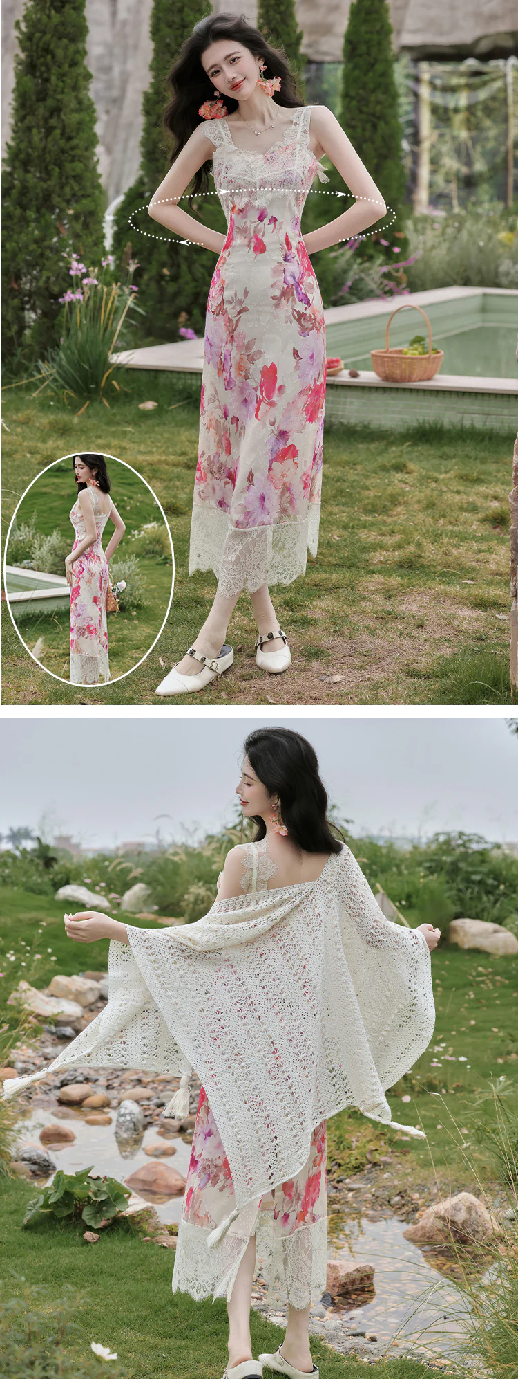 Cottagecore-Oil-Painting-Floral-Print-Slip-Dress-with-Knitted-Crochet-Shawl-Set09