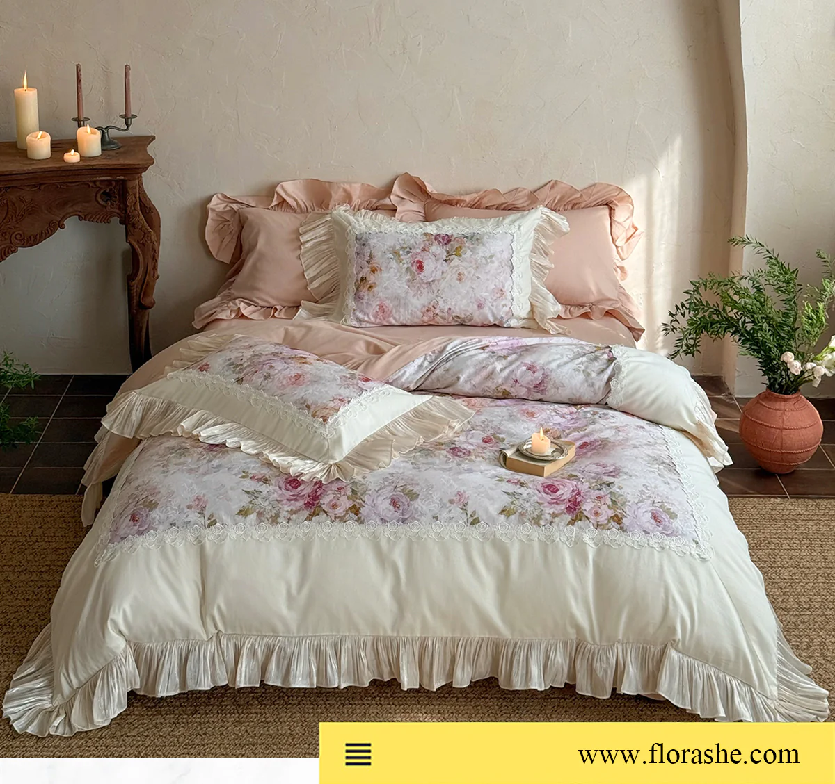 Court-Style-100-Cotton-Rose-Garden-Lace-Ruffle-Hem-Floral-Bedding-Set08