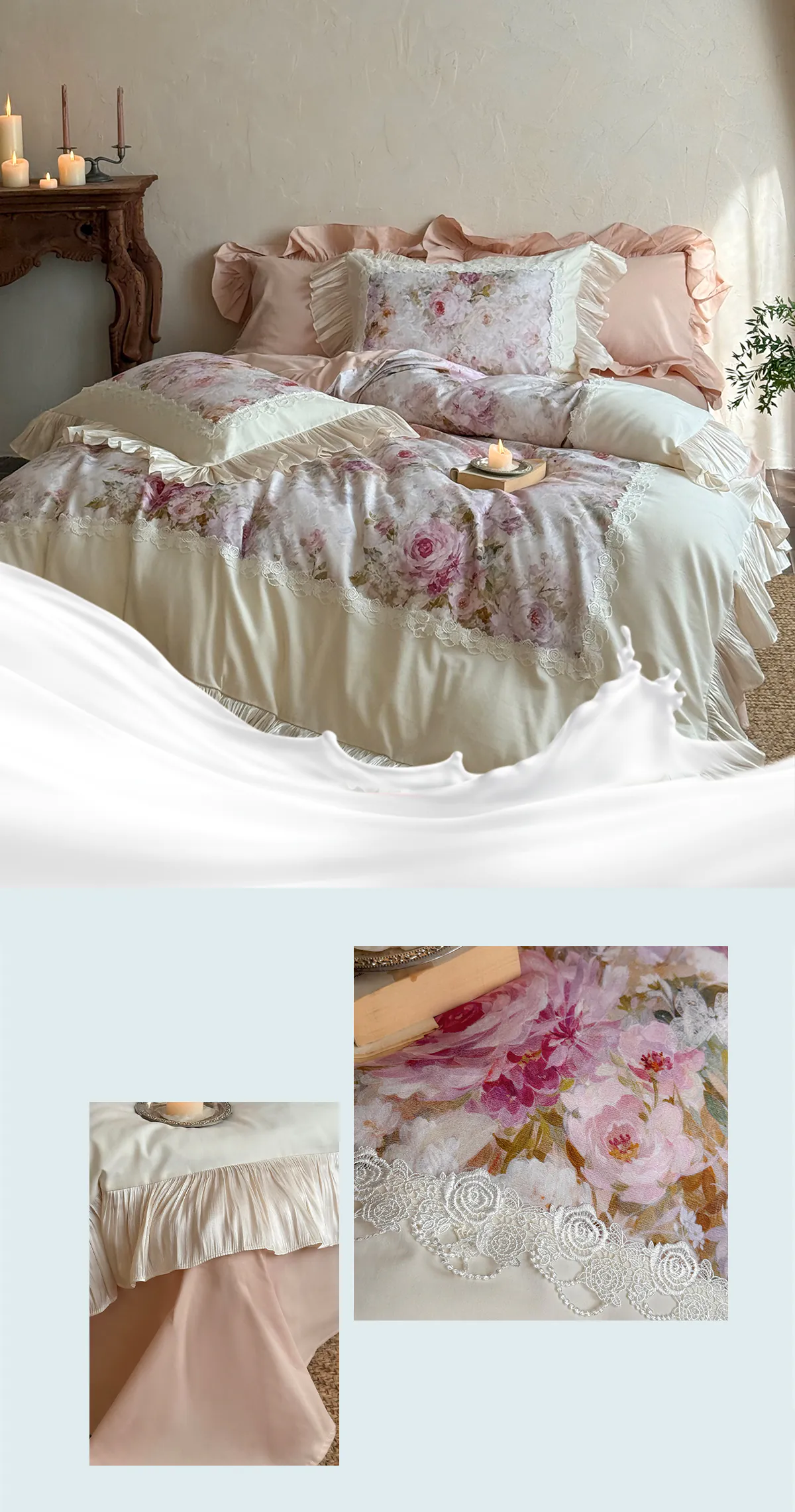 Court-Style-100-Cotton-Rose-Garden-Lace-Ruffle-Hem-Floral-Bedding-Set11