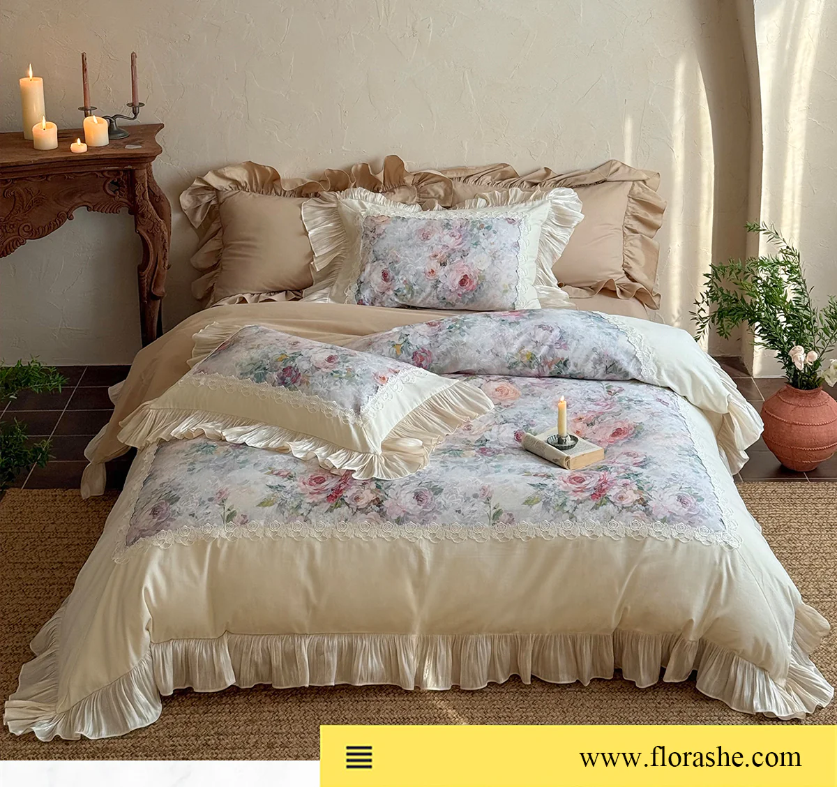 Court-Style-100-Cotton-Rose-Garden-Lace-Ruffle-Hem-Floral-Bedding-Set13