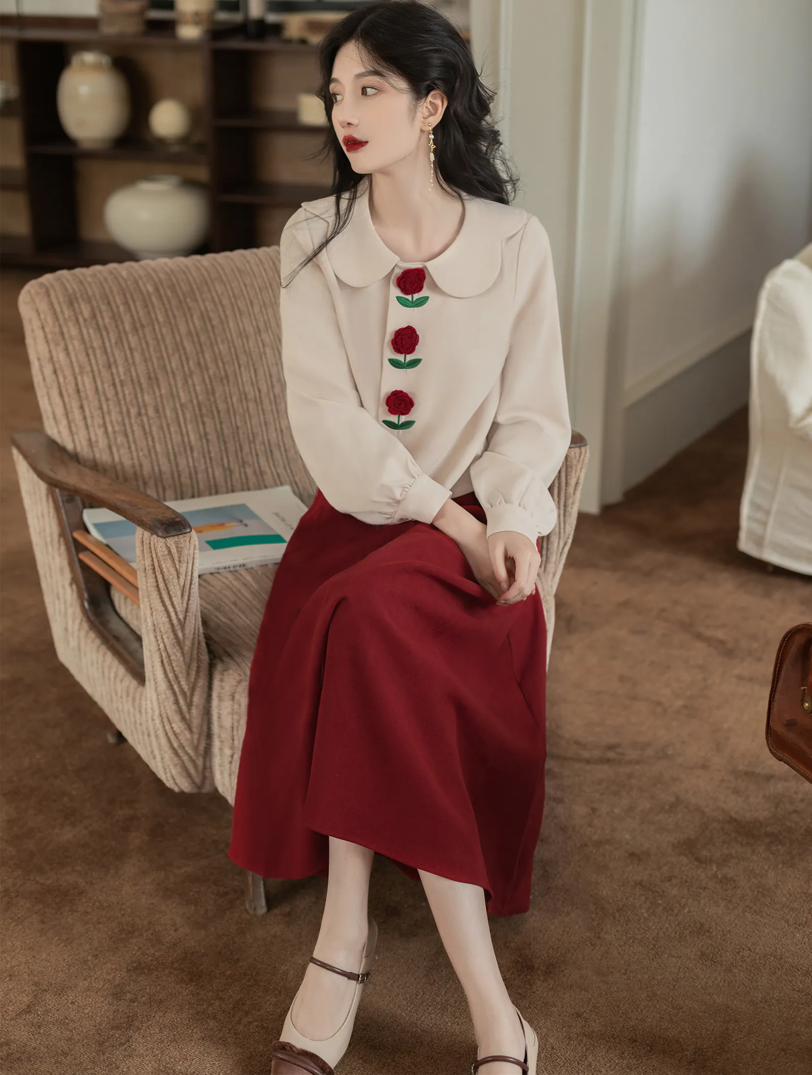Retro Rose Floral Embroidery Doll Neck Top with Red Skirt Casual Suit02