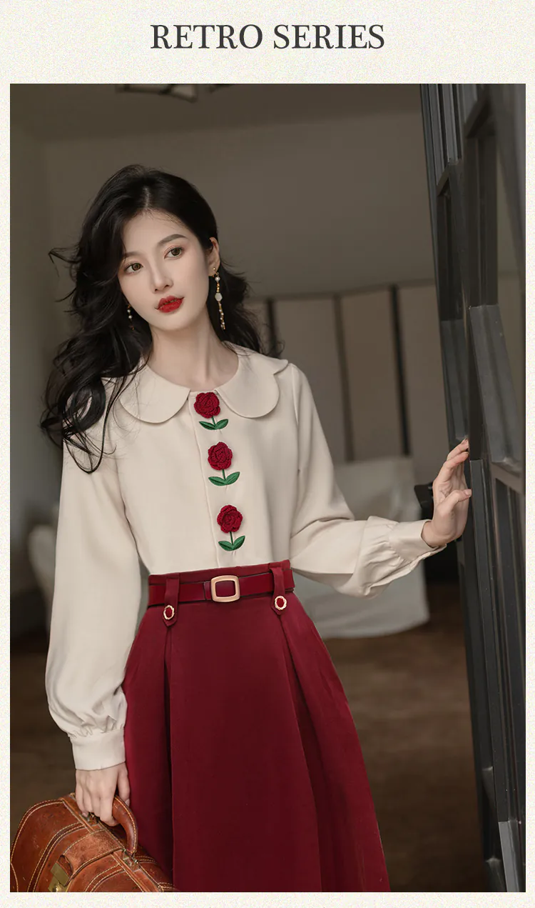 Retro-Rose-Floral-Embroidery-Doll-Neck-Top-with-Red-Skirt-Casual-Suit07