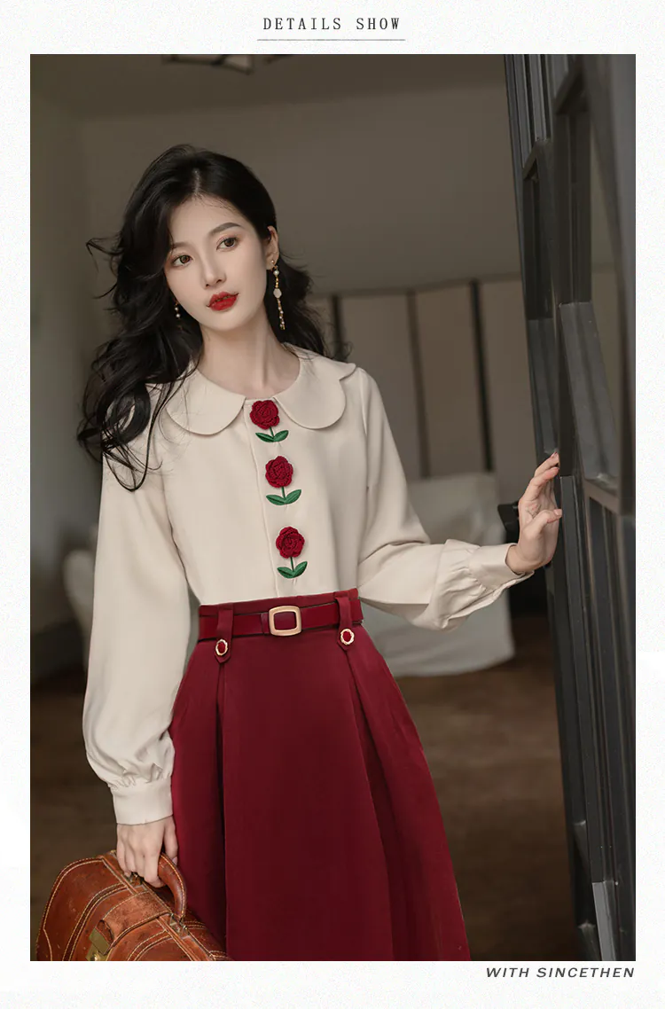 Retro-Rose-Floral-Embroidery-Doll-Neck-Top-with-Red-Skirt-Casual-Suit09