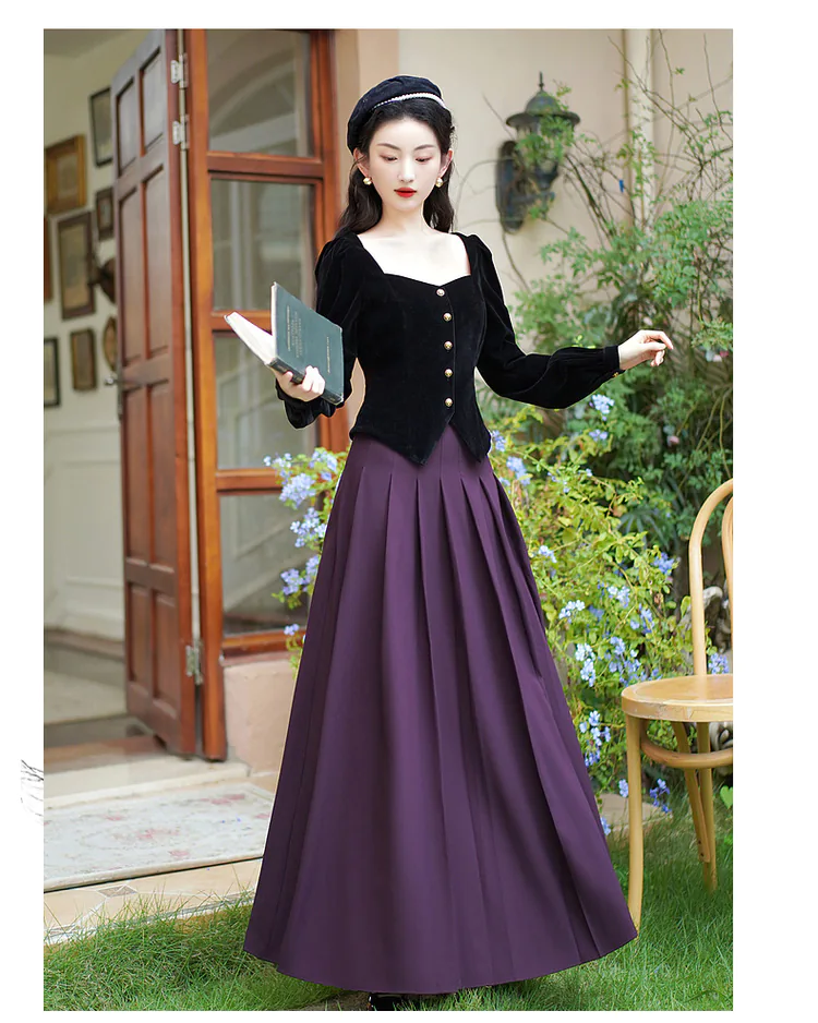 Retro-Square-Neck-Velvet-Shirt-with-High-Waist-Pleated-Long-Skirt-Suit11