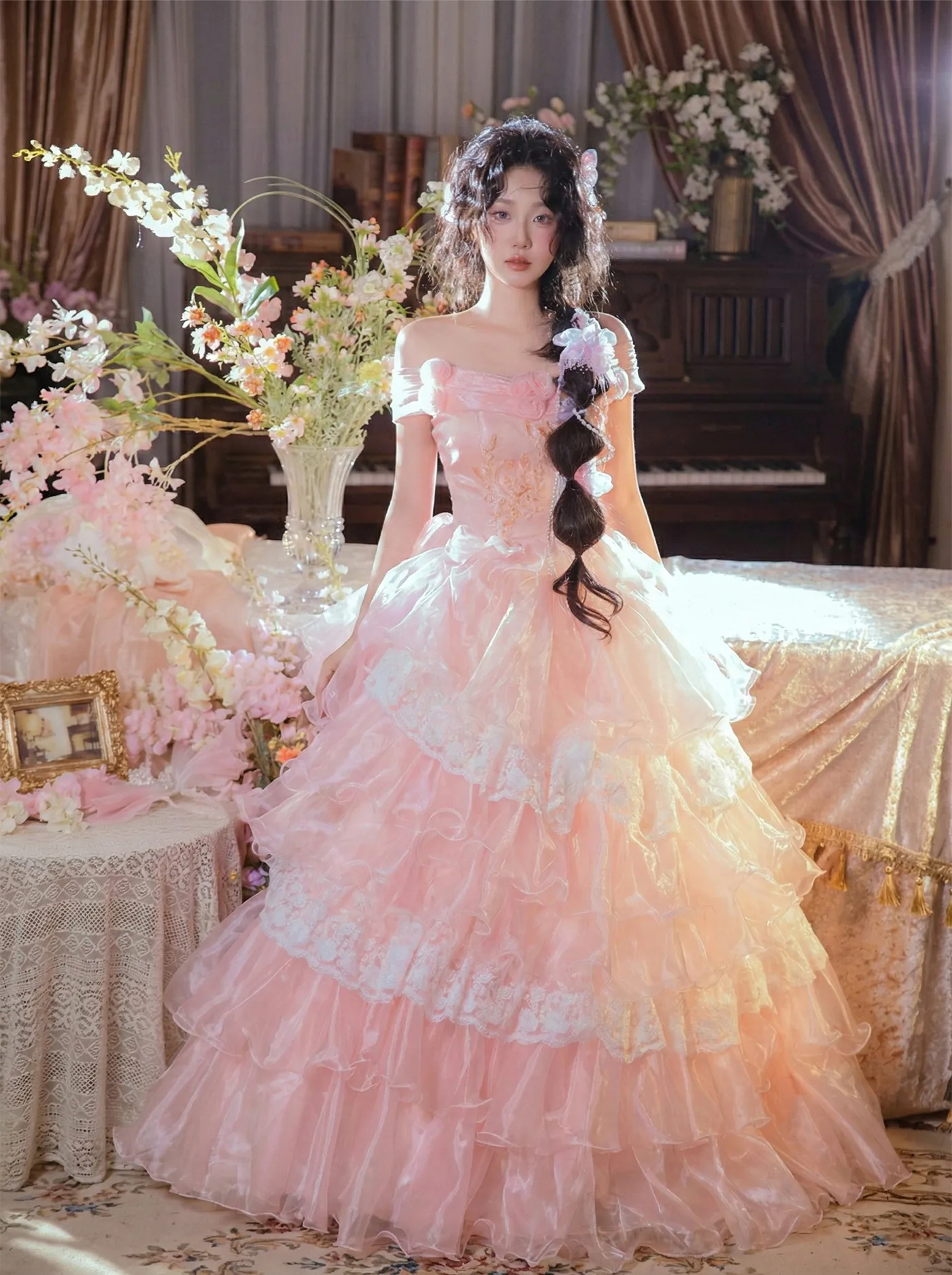 Romantic-Blush-Pink-Off-Shoulder-Lace-Embroidery-Tiered-Tulle-Prom-Dress07